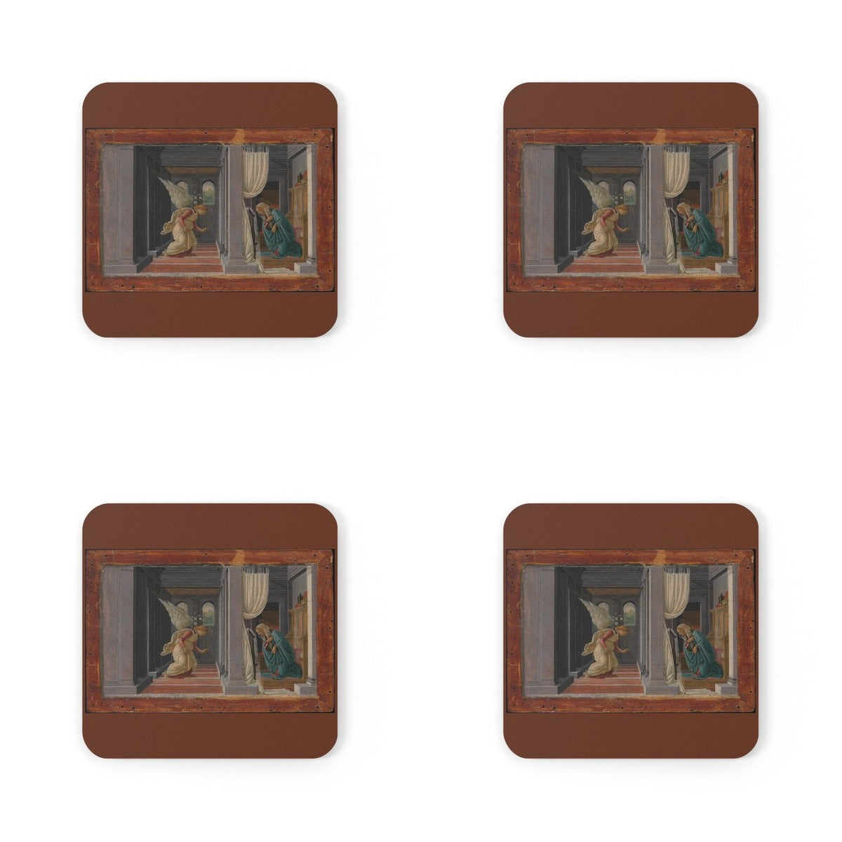 Four coasters printed with The Annunciation