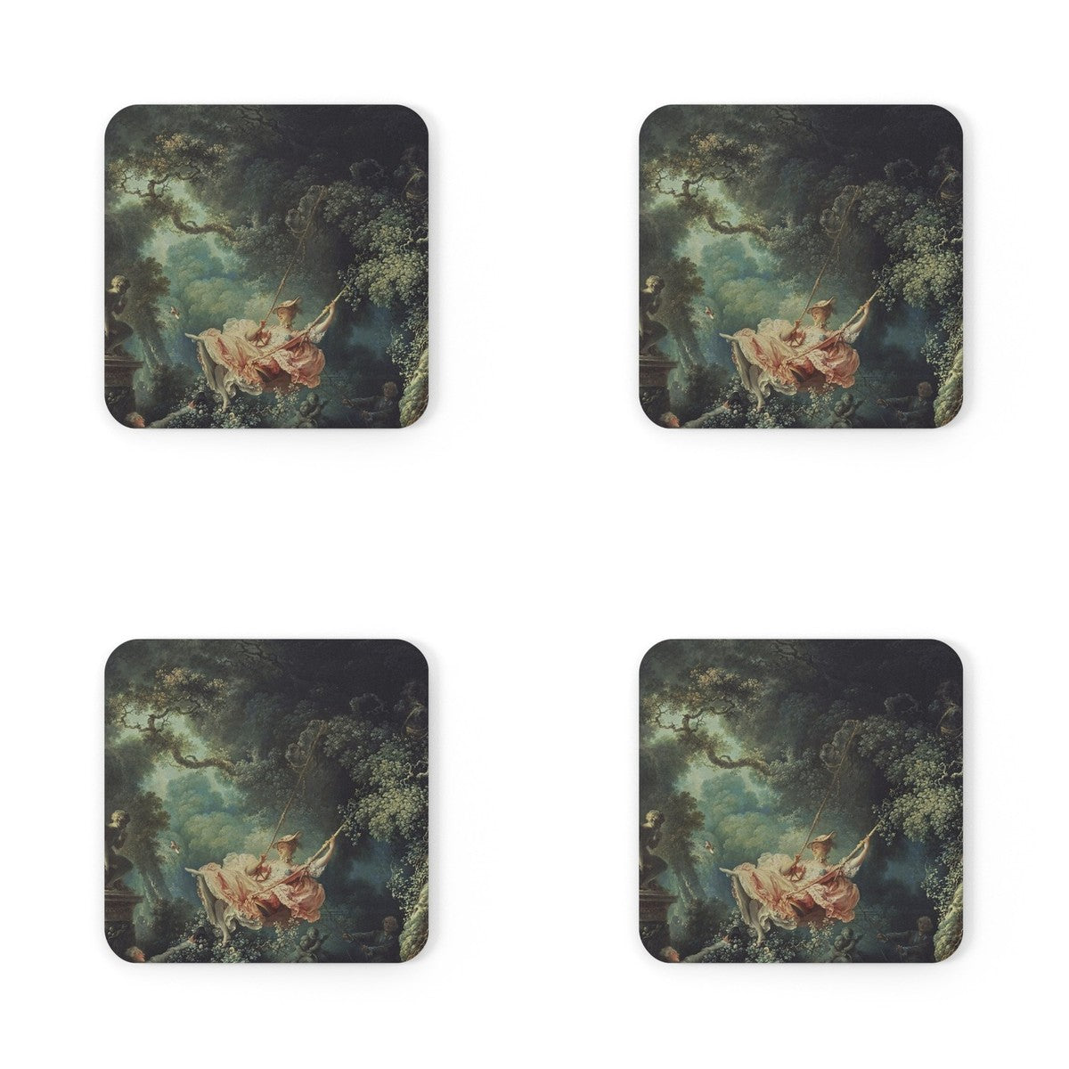 Four coasters printed with The Swing