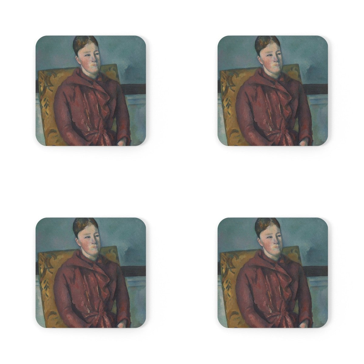 Four coasters printed with Madame Cezanne in a Yellow Chair