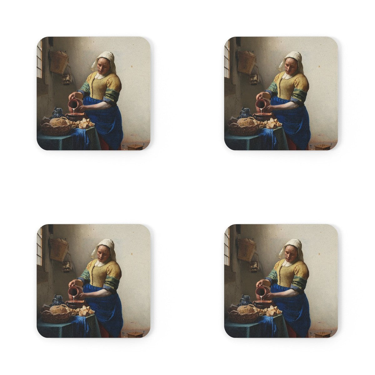 Four coasters printed with The Milkmaid