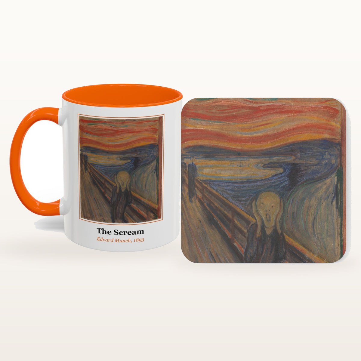 The Scream mug and the matching coaster side by side, both printed with the painting