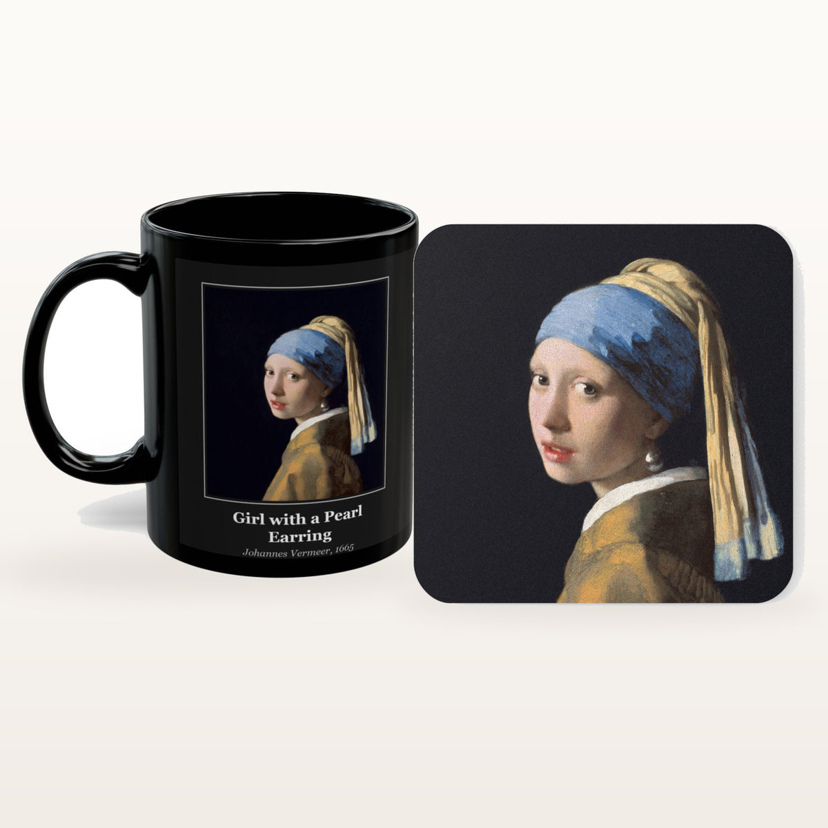 The Girl with a Pearl Earring mug and the matching coaster side by side, both printed with the painting