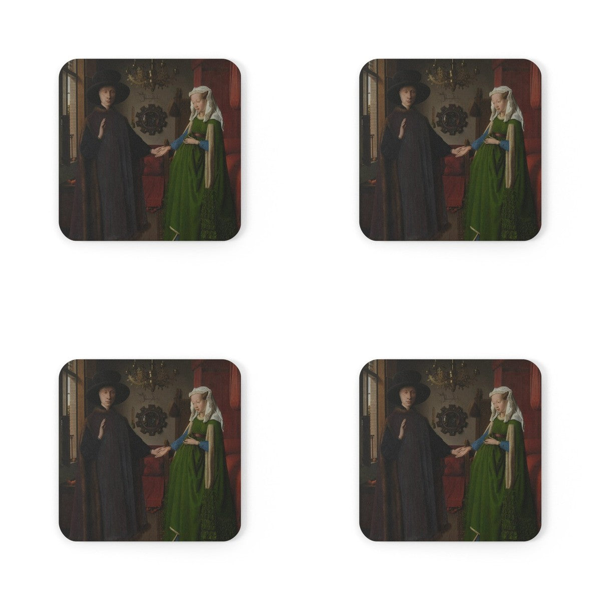 Four coasters printed with The Arnolfini Portrait