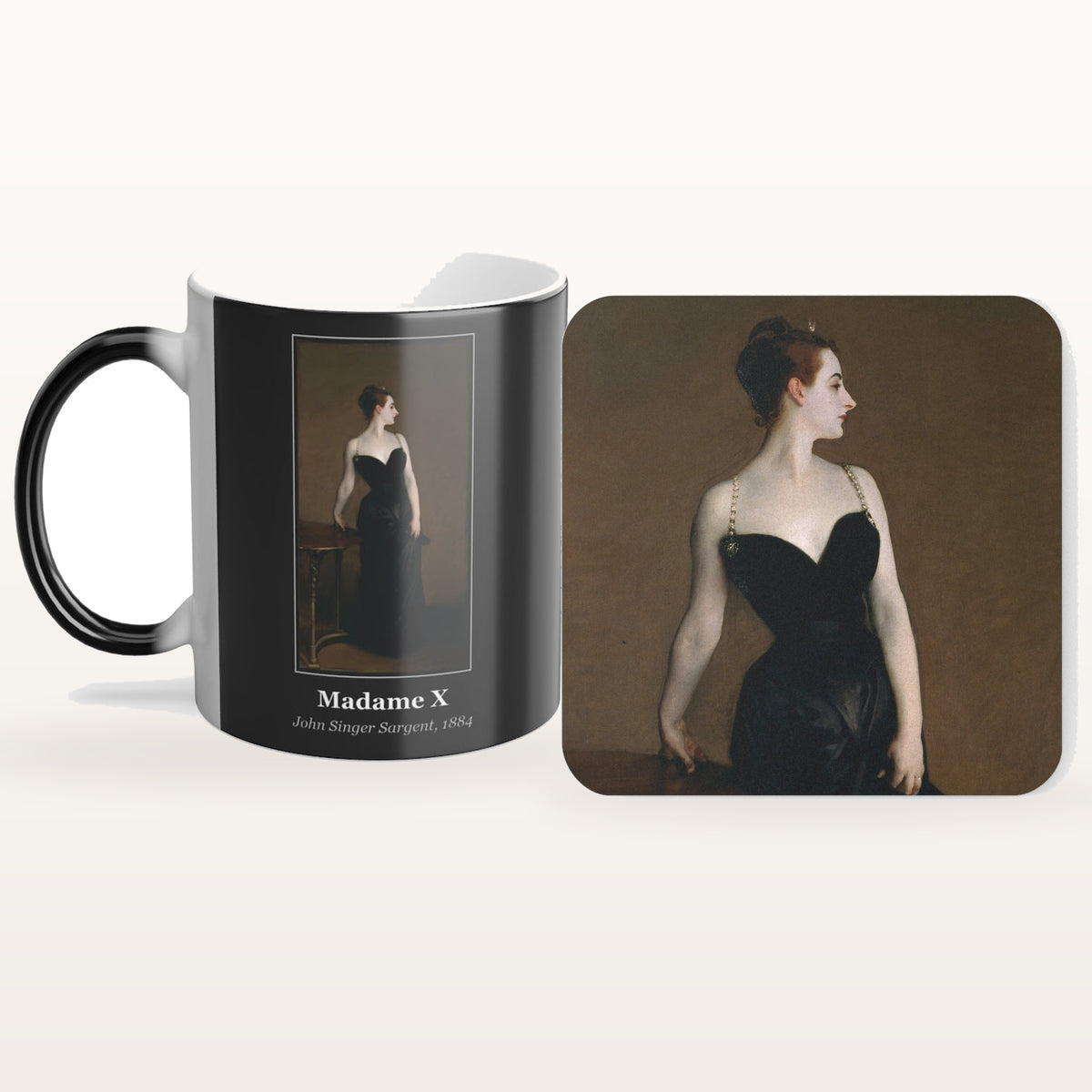 The Madame X mug and the matching coaster side by side, both printed with the painting