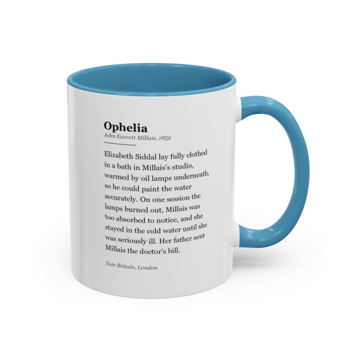 #38 Ophelia mug — the story of the painting, on the face the drinker reads