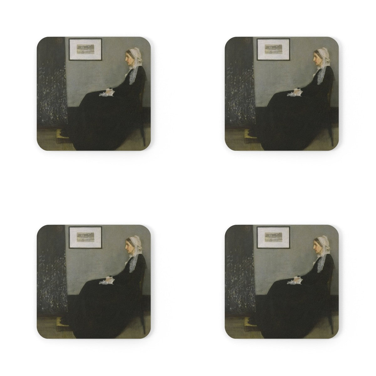 Four coasters printed with Whistler's Mother