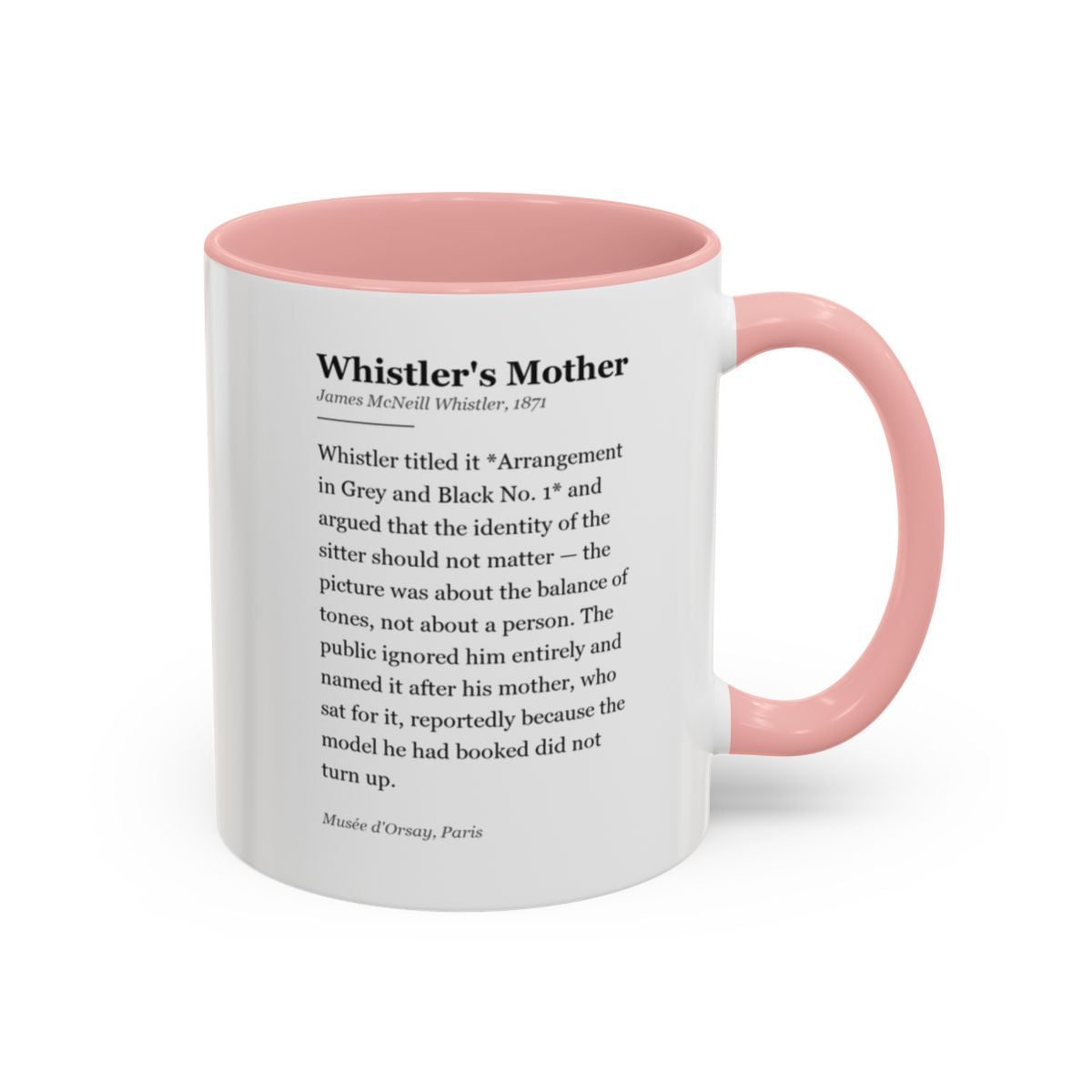 #49 Whistler's Mother mug — the story of the painting, on the face the drinker reads