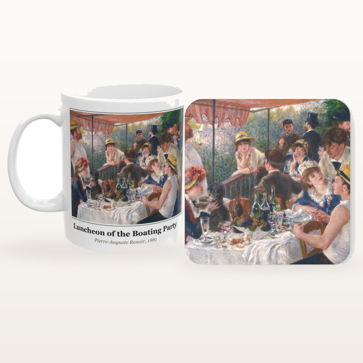 The Luncheon of the Boating Party mug and the matching coaster side by side, both printed with the painting