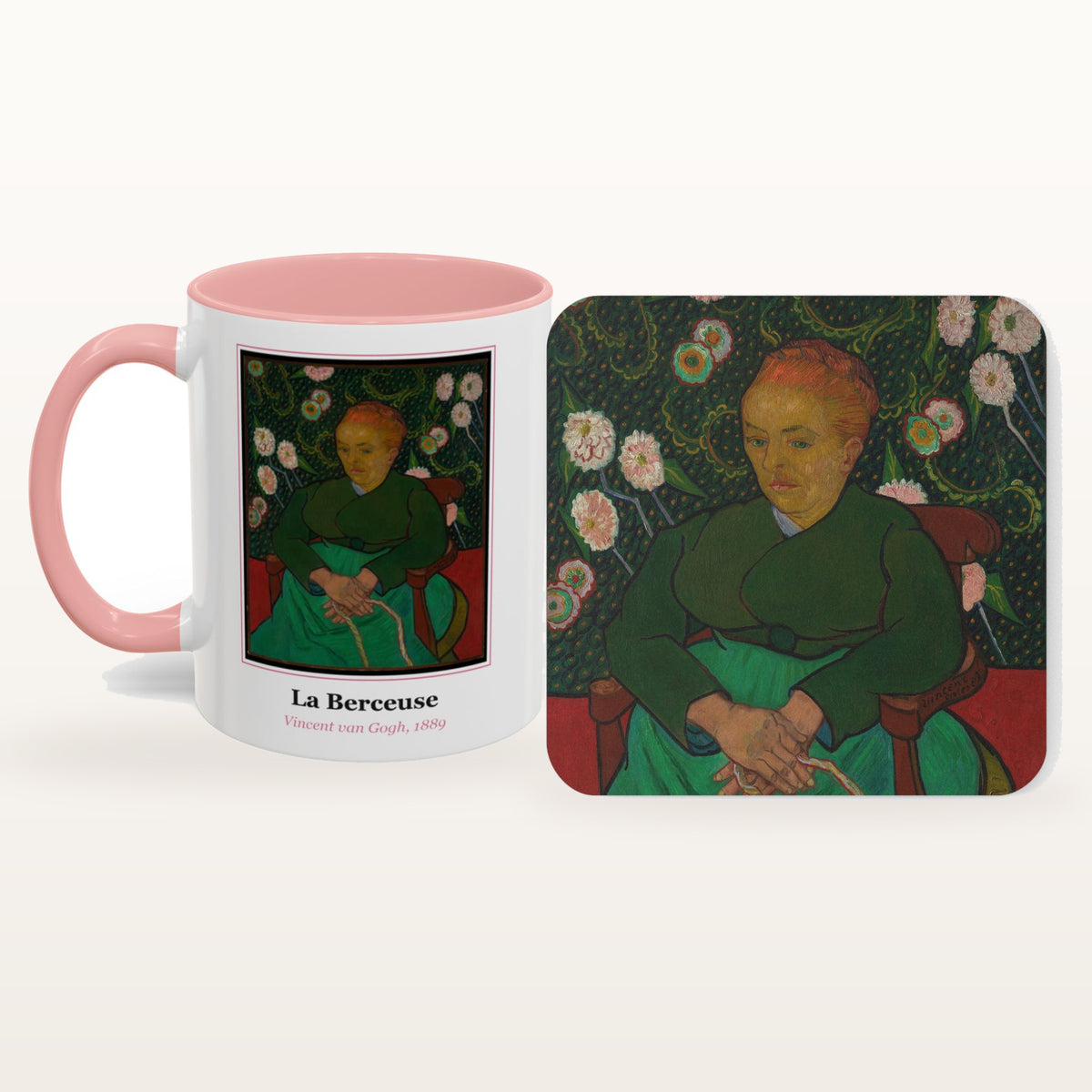 The La Berceuse mug and the matching coaster side by side, both printed with the painting