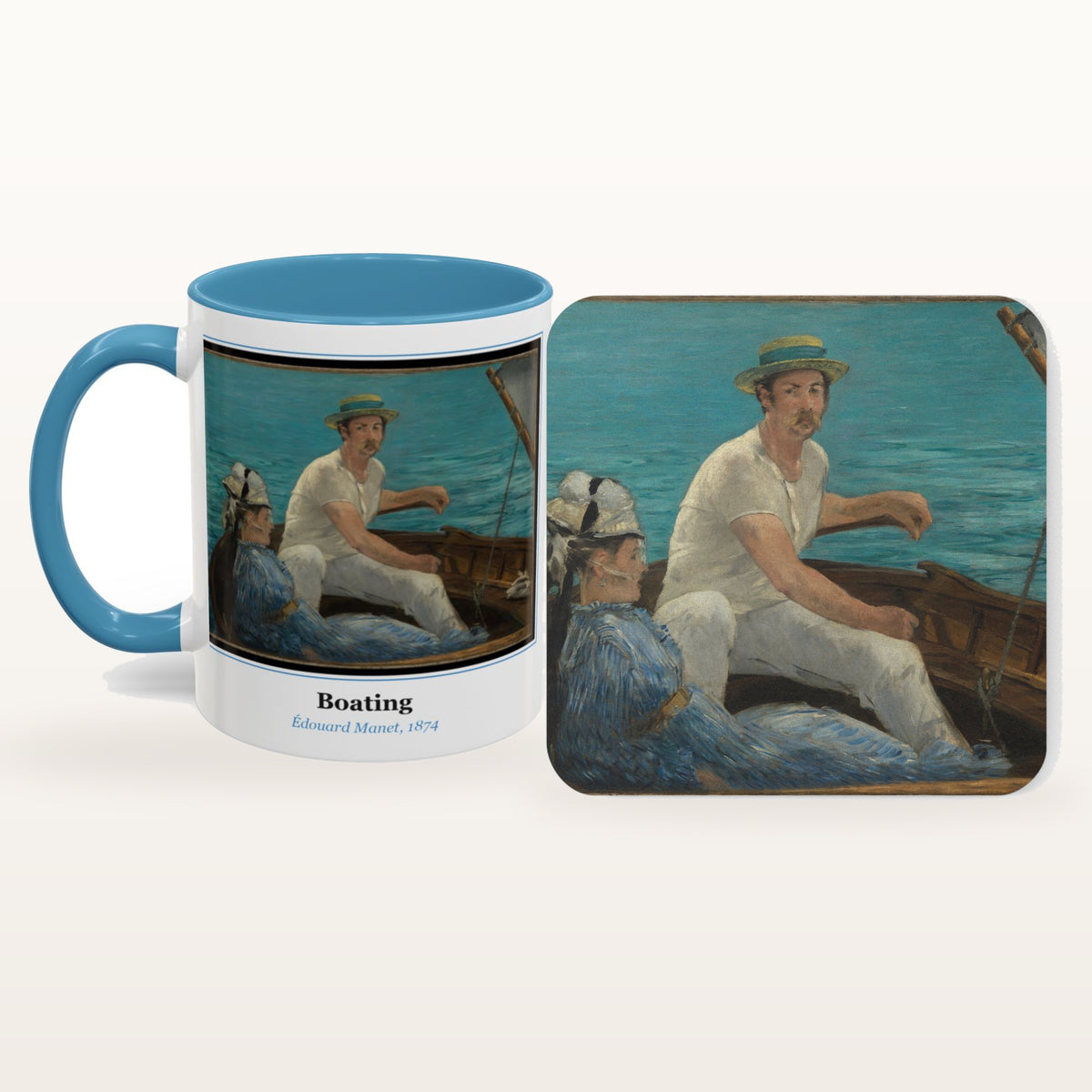 The Boating mug and the matching coaster side by side, both printed with the painting