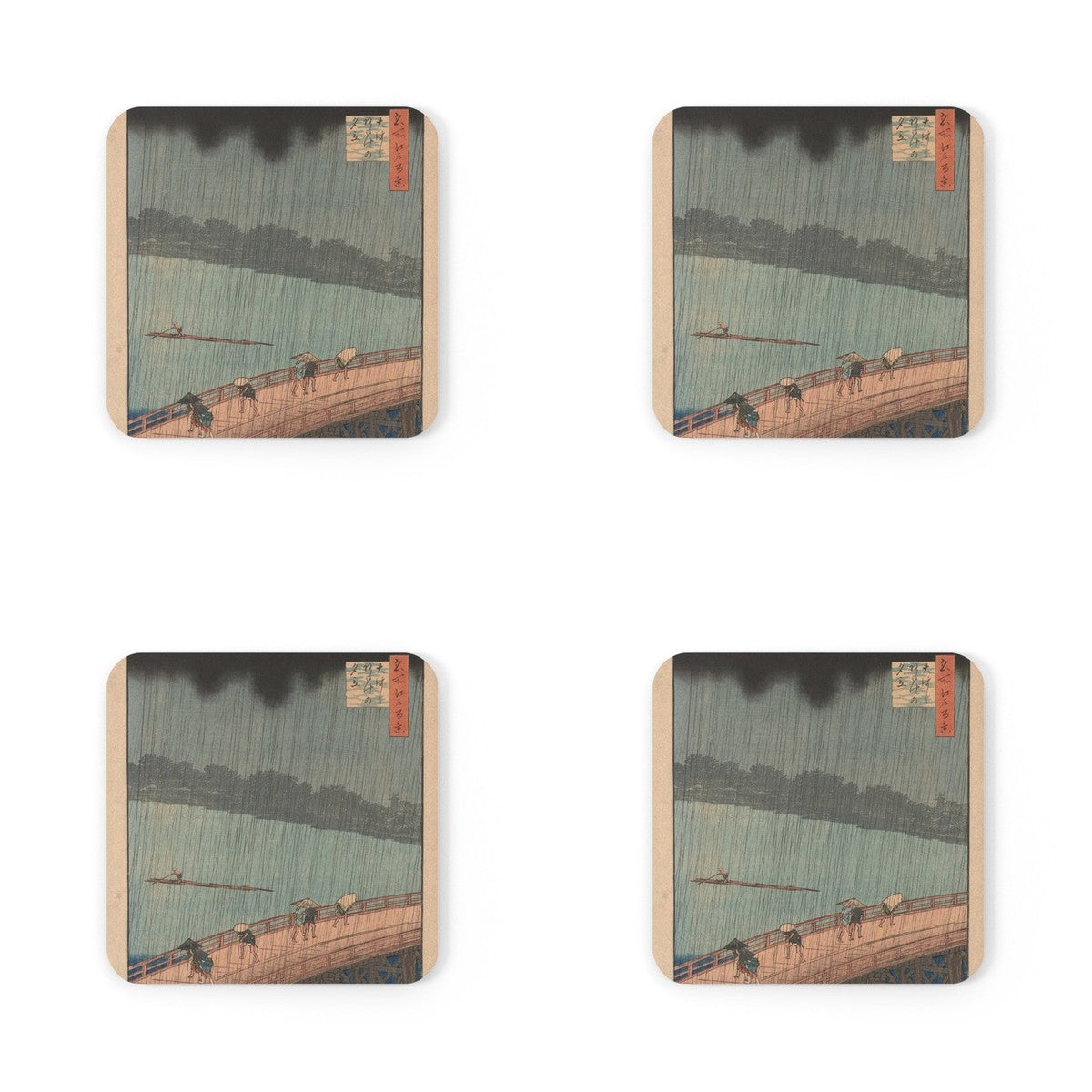 Four coasters printed with Sudden Shower over Shin-Ōhashi Bridge