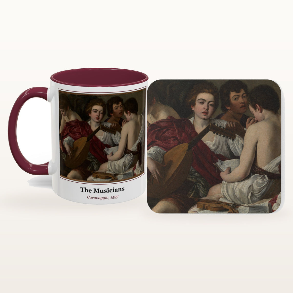 The Musicians mug and the matching coaster side by side, both printed with the painting