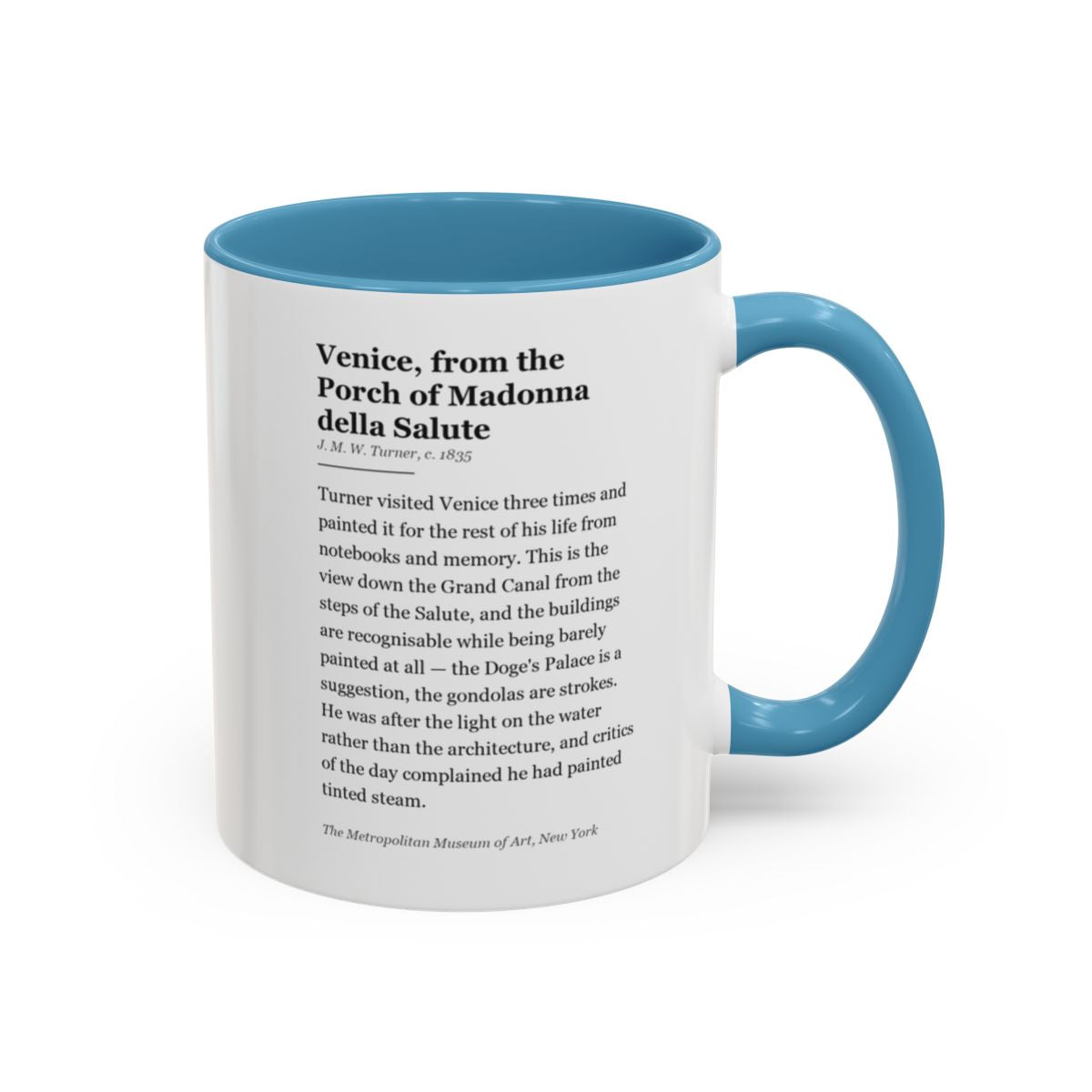 #66 Venice, from the Porch of Madonna della Salute mug — the story of the painting, on the face the drinker reads