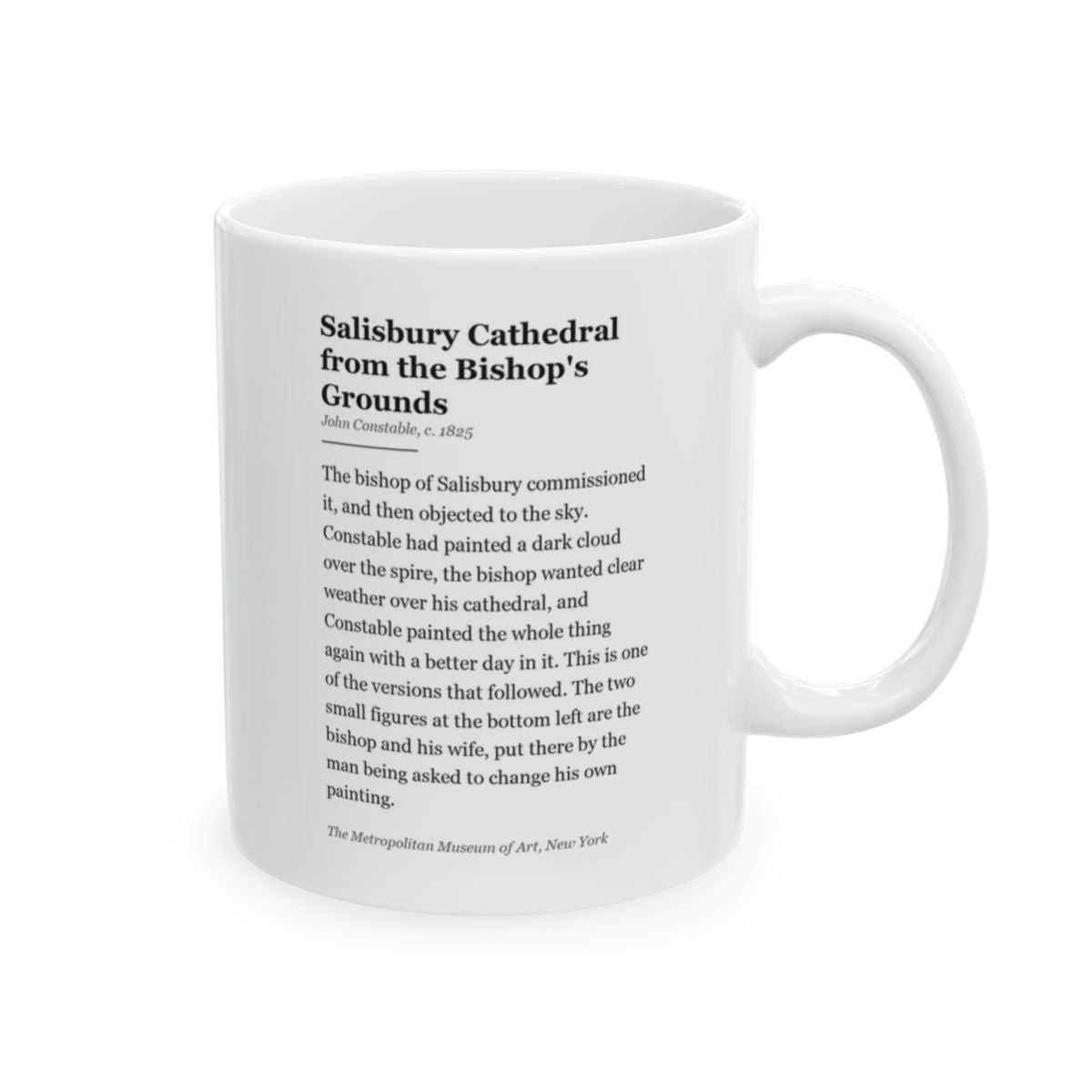 #67 Salisbury Cathedral from the Bishop's Grounds mug — the story of the painting, on the face the drinker reads