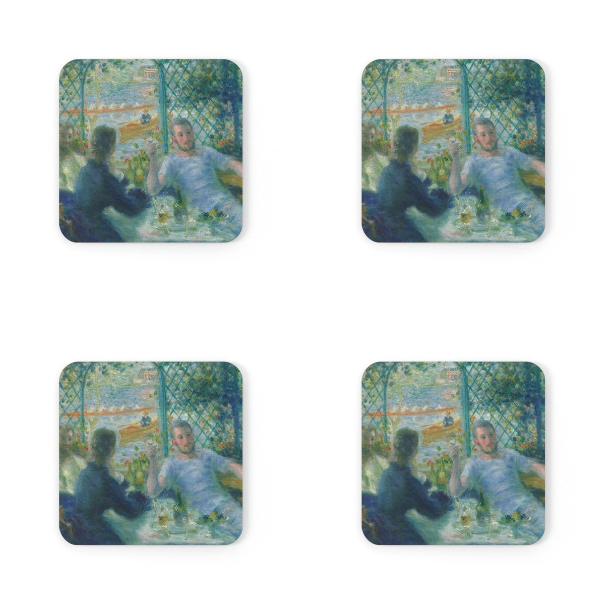 Four coasters printed with Lunch at the Restaurant Fournaise