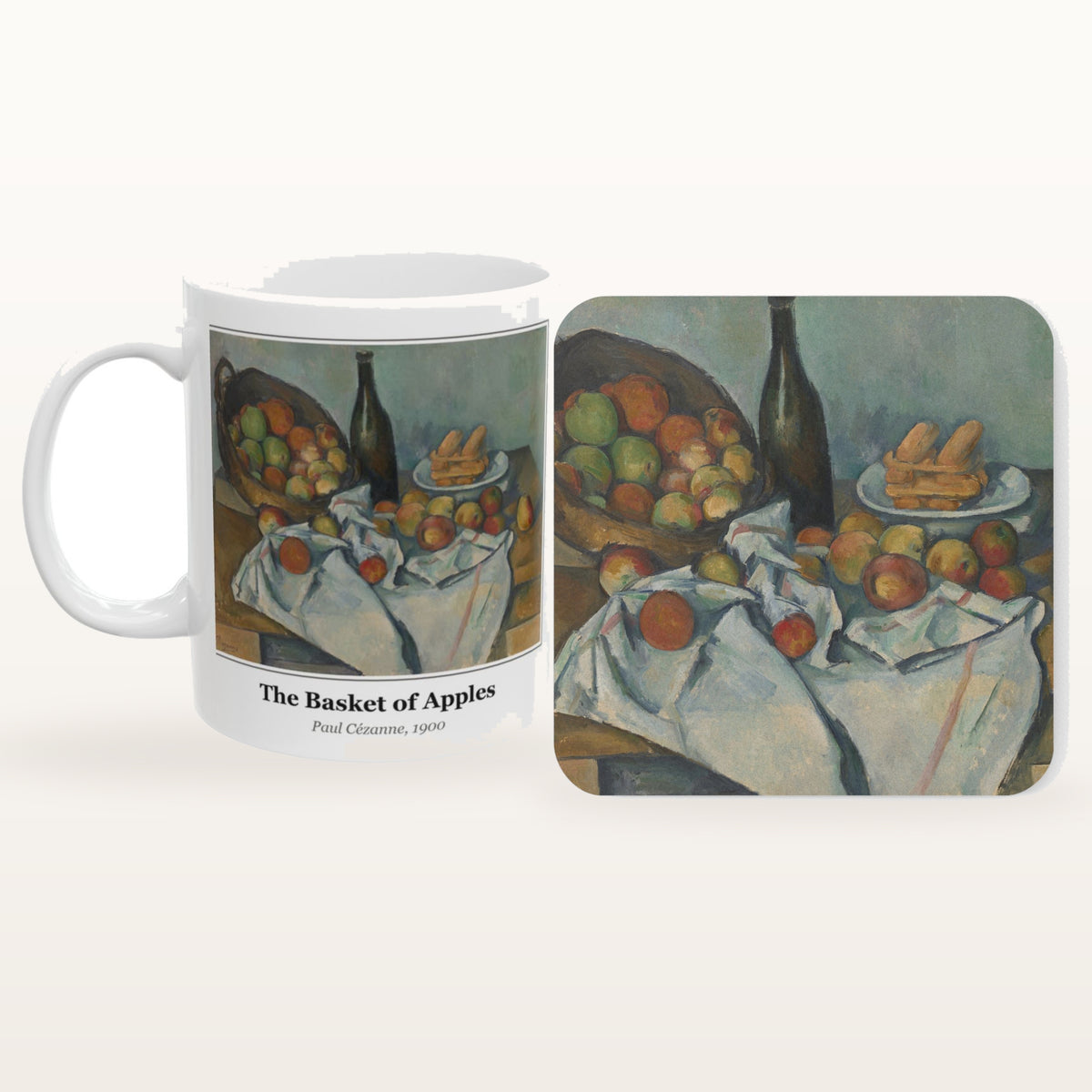 The Basket of Apples mug and the matching coaster side by side, both printed with the painting