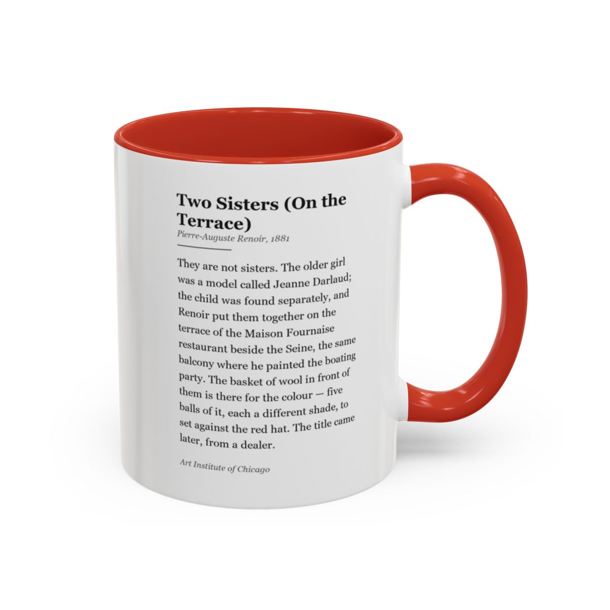 #78 Two Sisters (On the Terrace) mug — the story of the painting, on the face the drinker reads