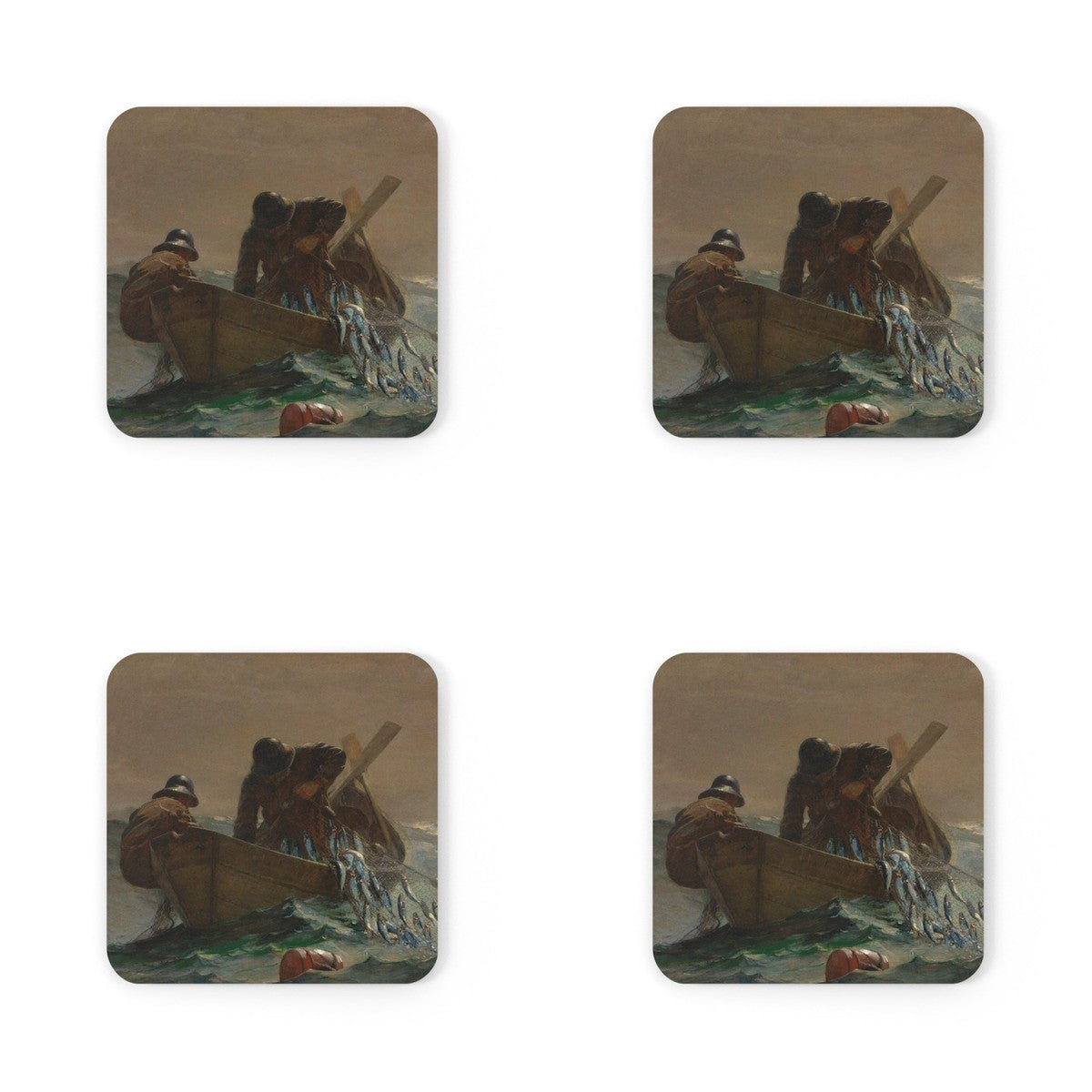 Four coasters printed with The Herring Net