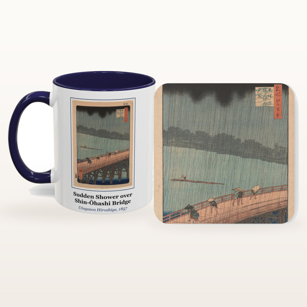 The Sudden Shower over Shin-Ōhashi Bridge mug and the matching coaster side by side, both printed with the painting