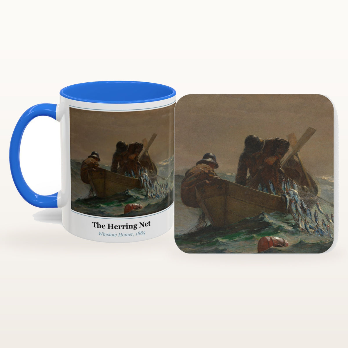 The Herring Net mug and the matching coaster side by side, both printed with the painting