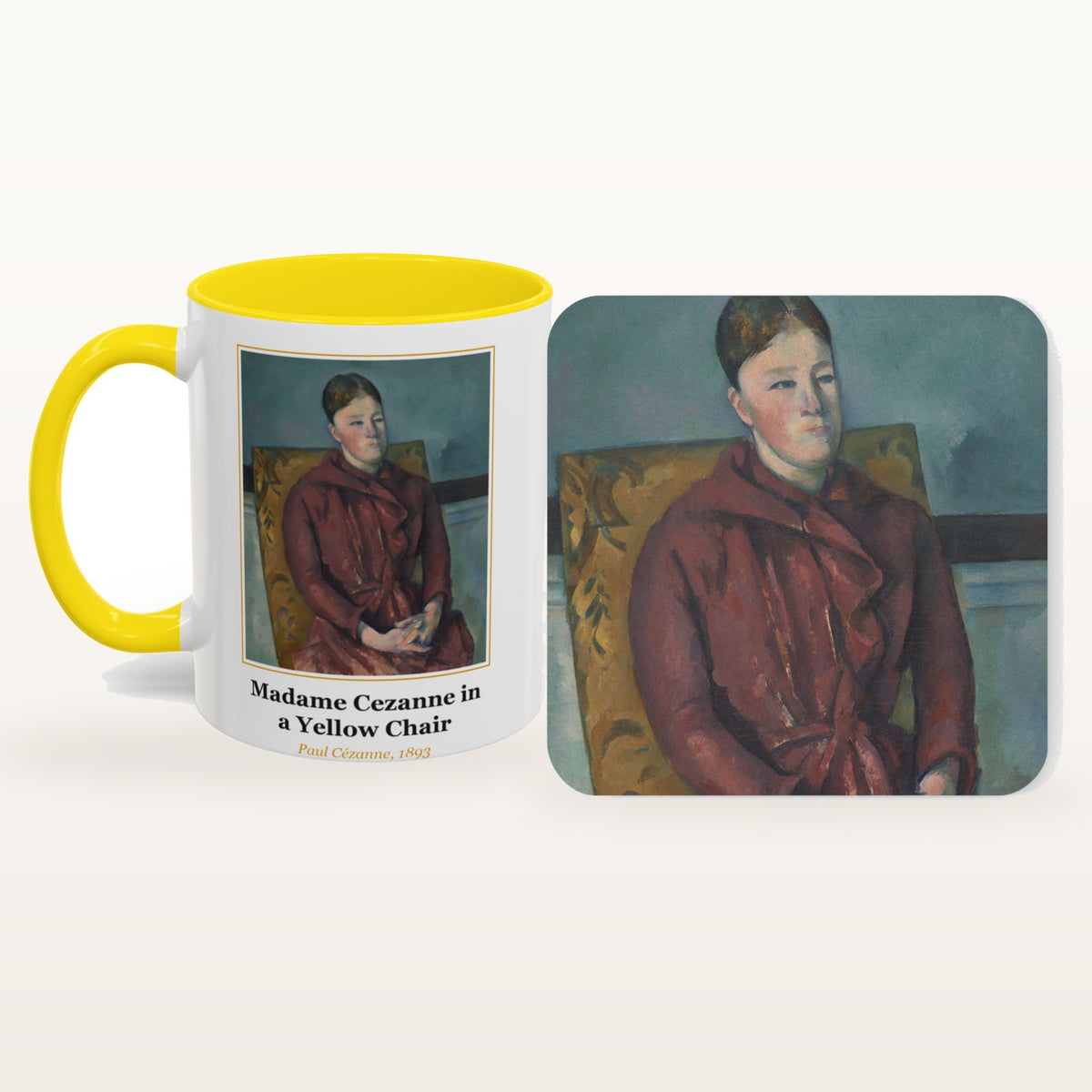 The Madame Cezanne in a Yellow Chair mug and the matching coaster side by side, both printed with the painting