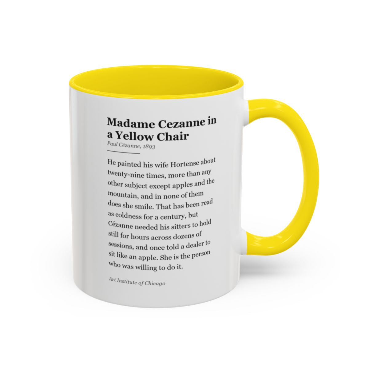 #82 Madame Cezanne in a Yellow Chair mug — the story of the painting, on the face the drinker reads