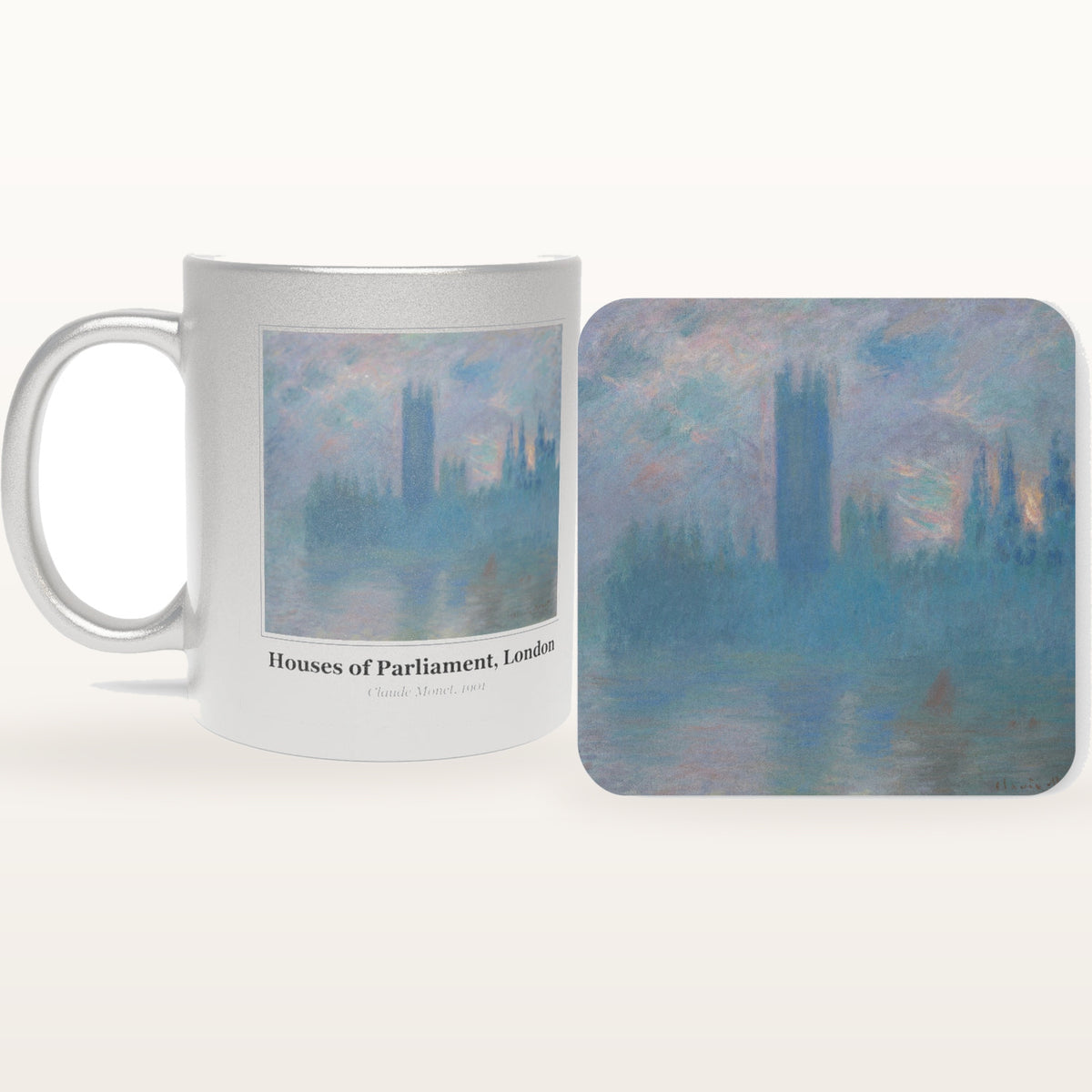 The Houses of Parliament, London mug and the matching coaster side by side, both printed with the painting