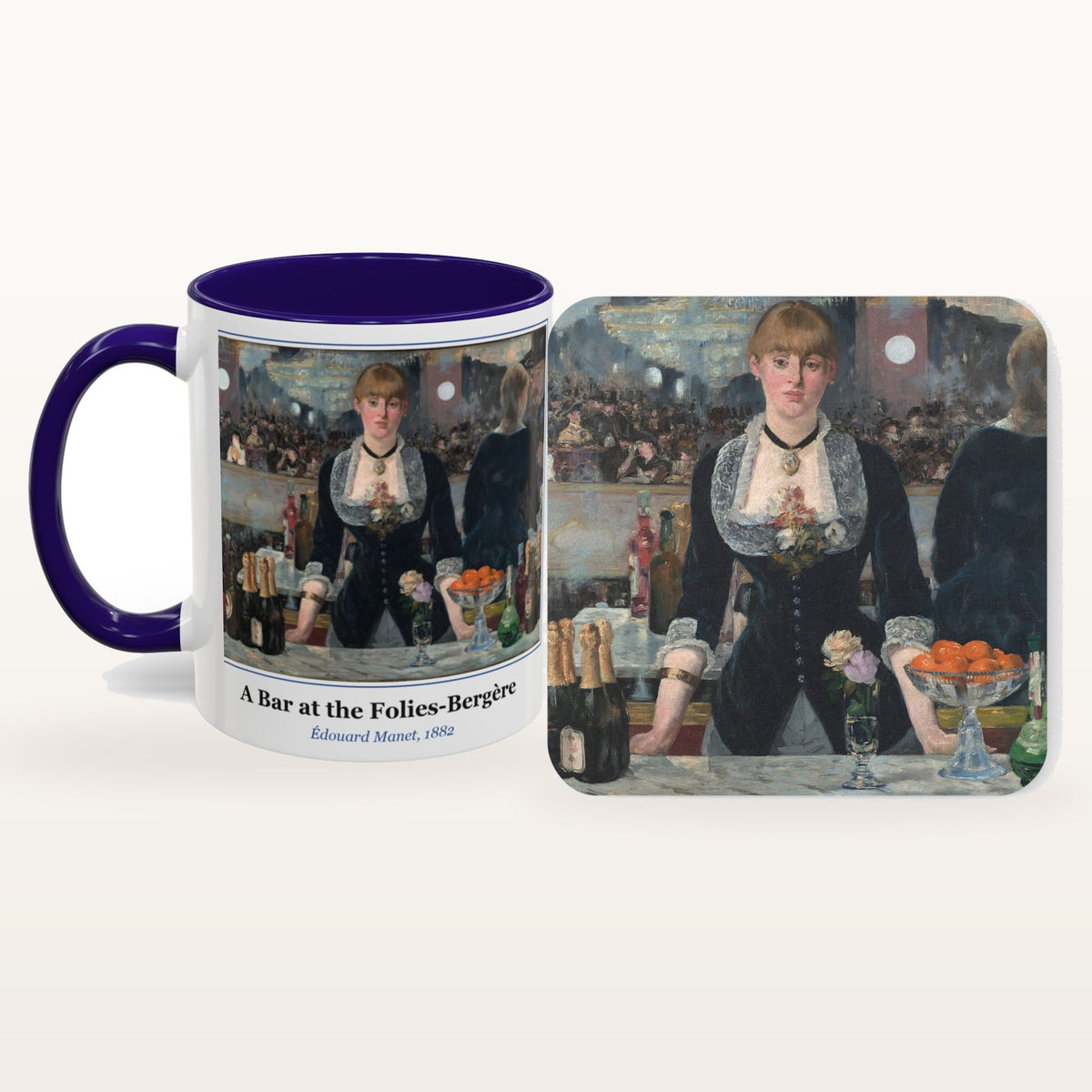A Bar at the Folies-Bergère mug and the matching coaster side by side, both printed with the painting