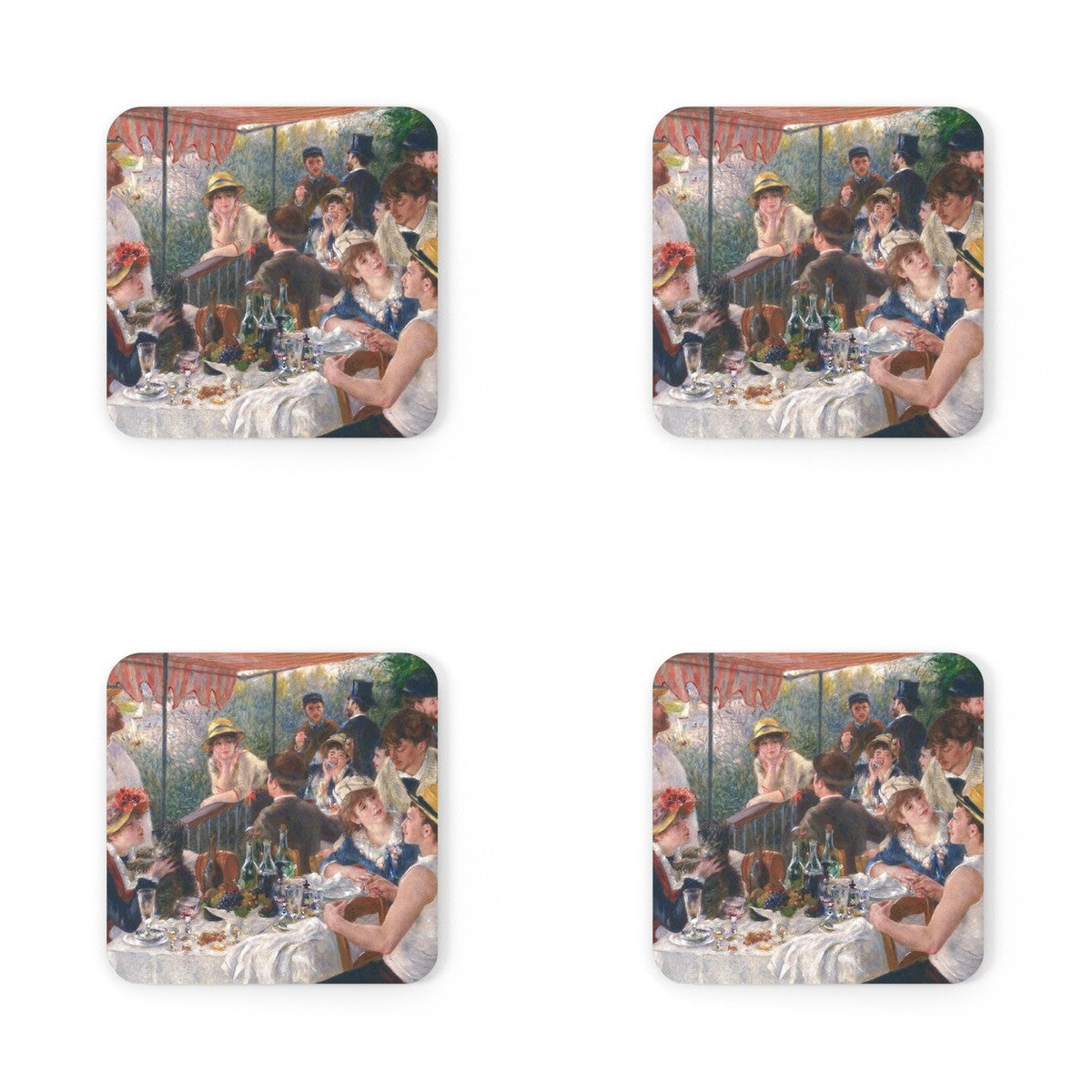 Four coasters printed with Luncheon of the Boating Party