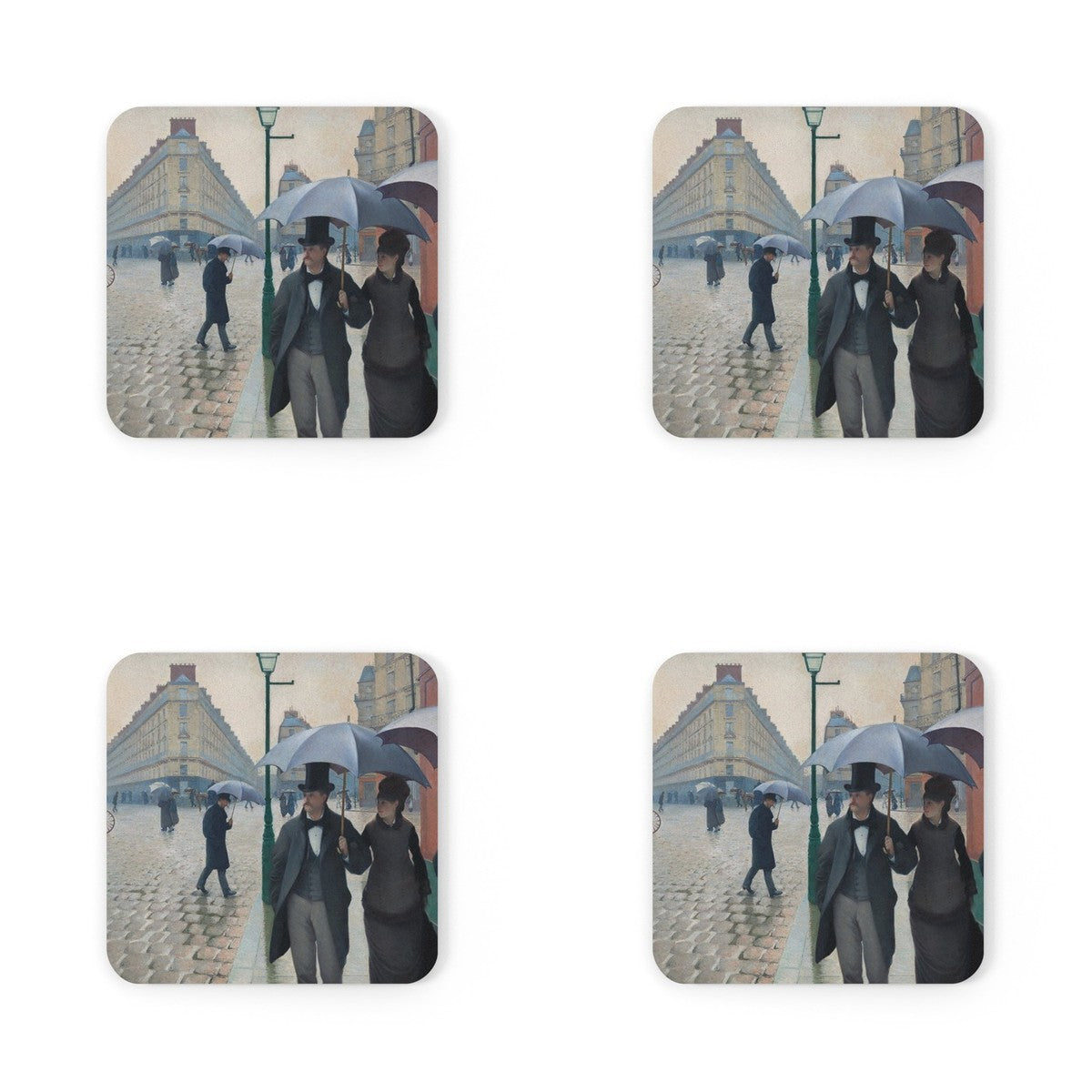 Four coasters printed with Paris Street; Rainy Day