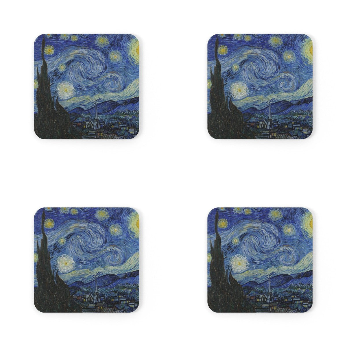 Four coasters printed with The Starry Night