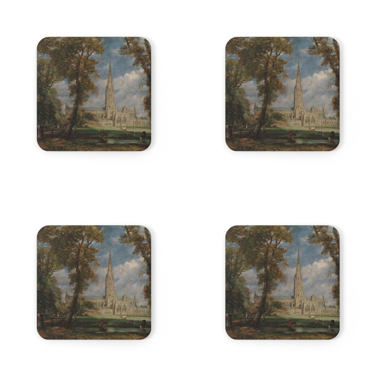 Four coasters printed with Salisbury Cathedral from the Bishop's Grounds
