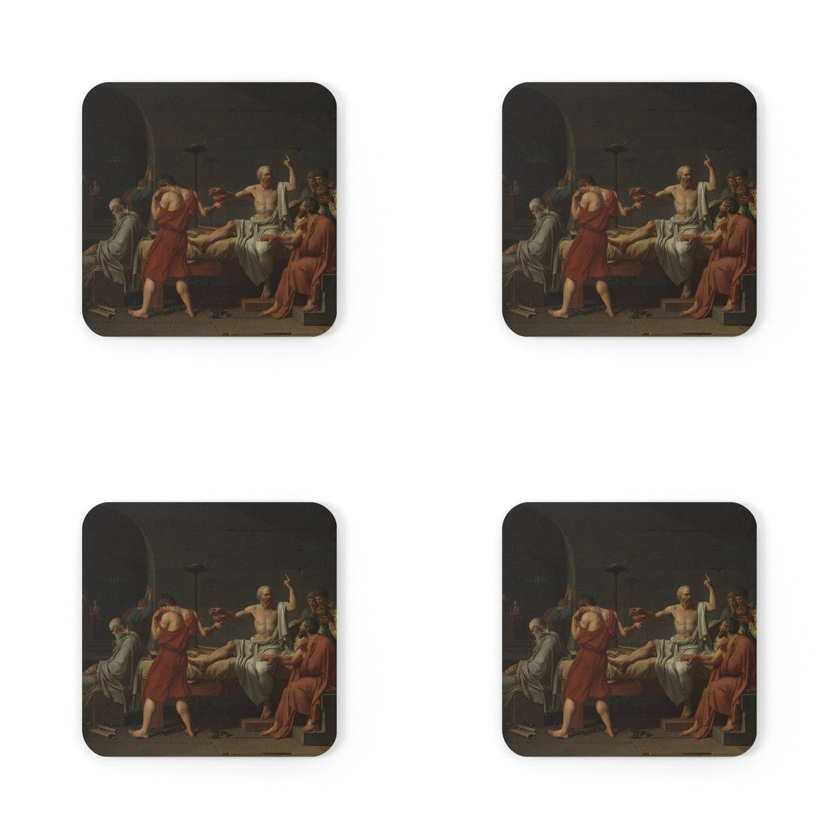 Four coasters printed with The Death of Socrates