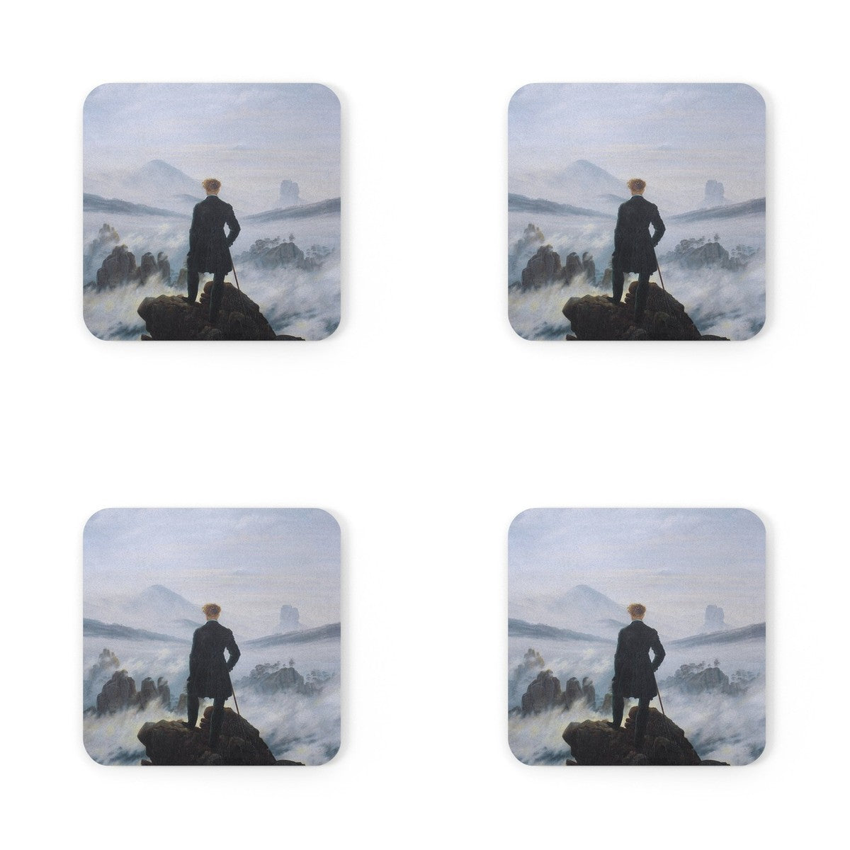Four coasters printed with Wanderer above the Sea of Fog