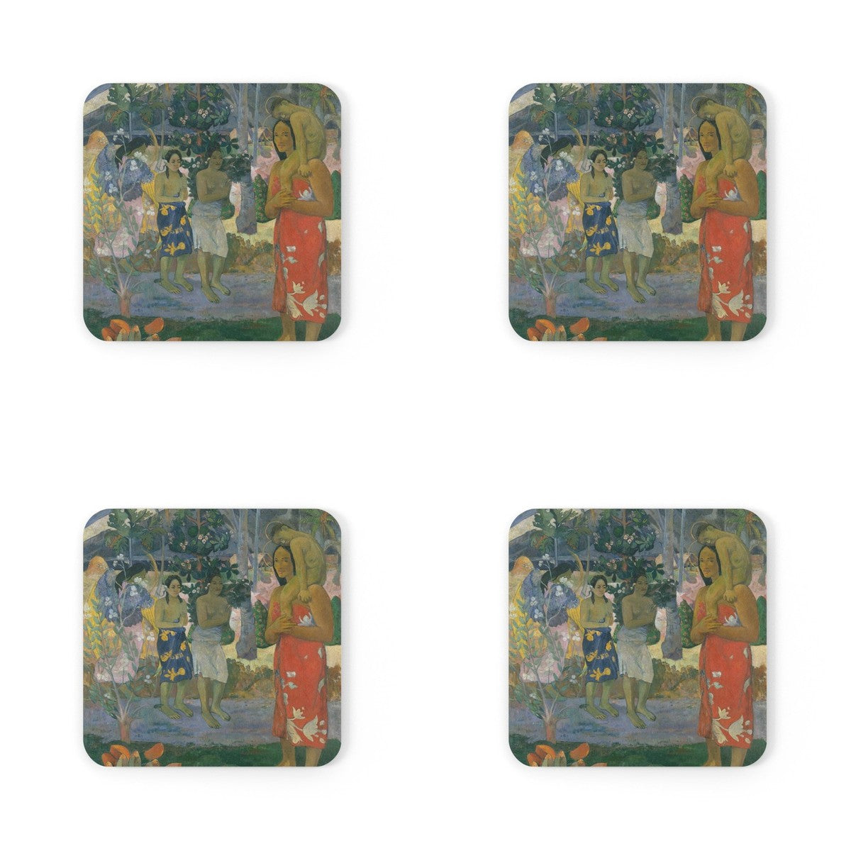 Four coasters printed with Ia Orana Maria