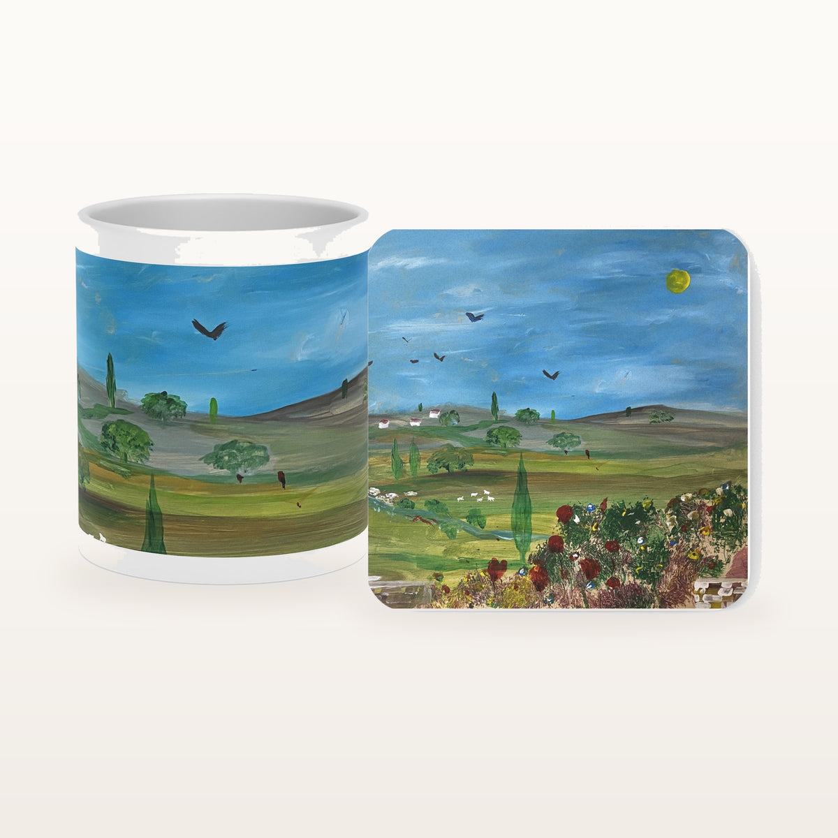 The Longing mug and the matching coaster side by side, both printed with the design