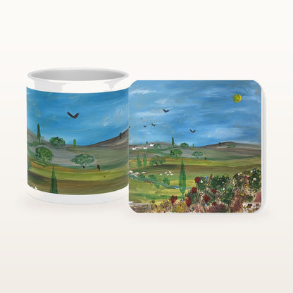The Longing mug and the matching coaster side by side, both printed with the design
