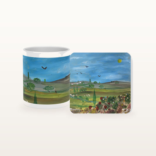 The Longing mug and the matching coaster side by side, both printed with the design