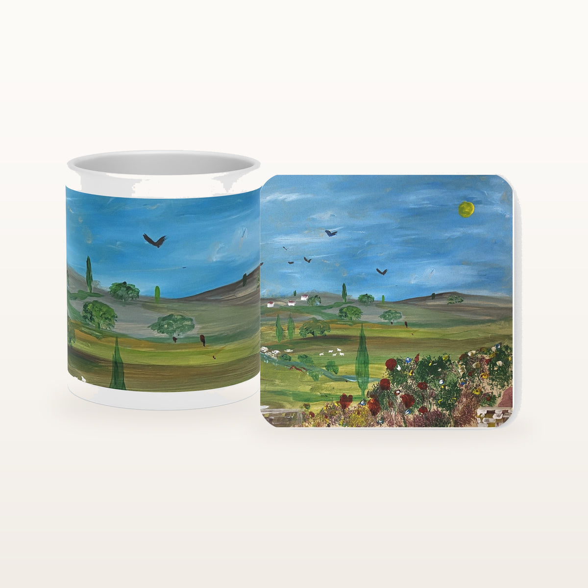 The Longing mug and the matching coaster side by side, both printed with the design