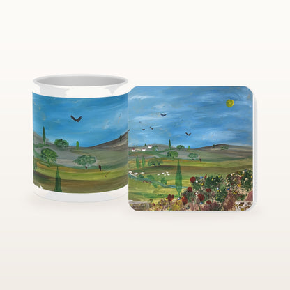The Longing mug and the matching coaster side by side, both printed with the design