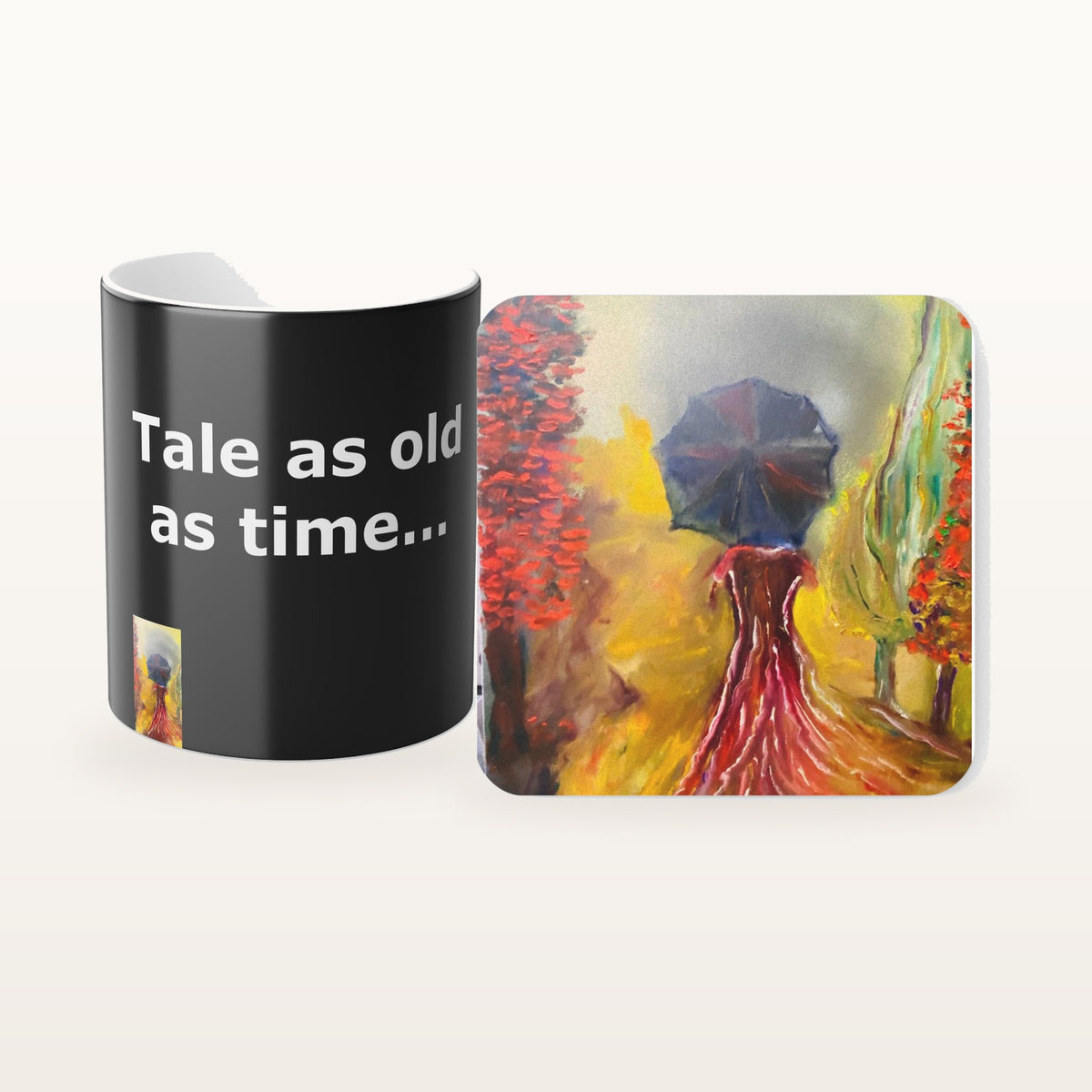 The Tale As Old As Time mug and the matching coaster side by side, both printed with the design