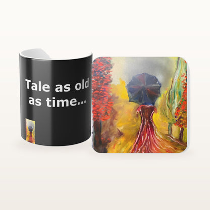 The Tale As Old As Time mug and the matching coaster side by side, both printed with the design
