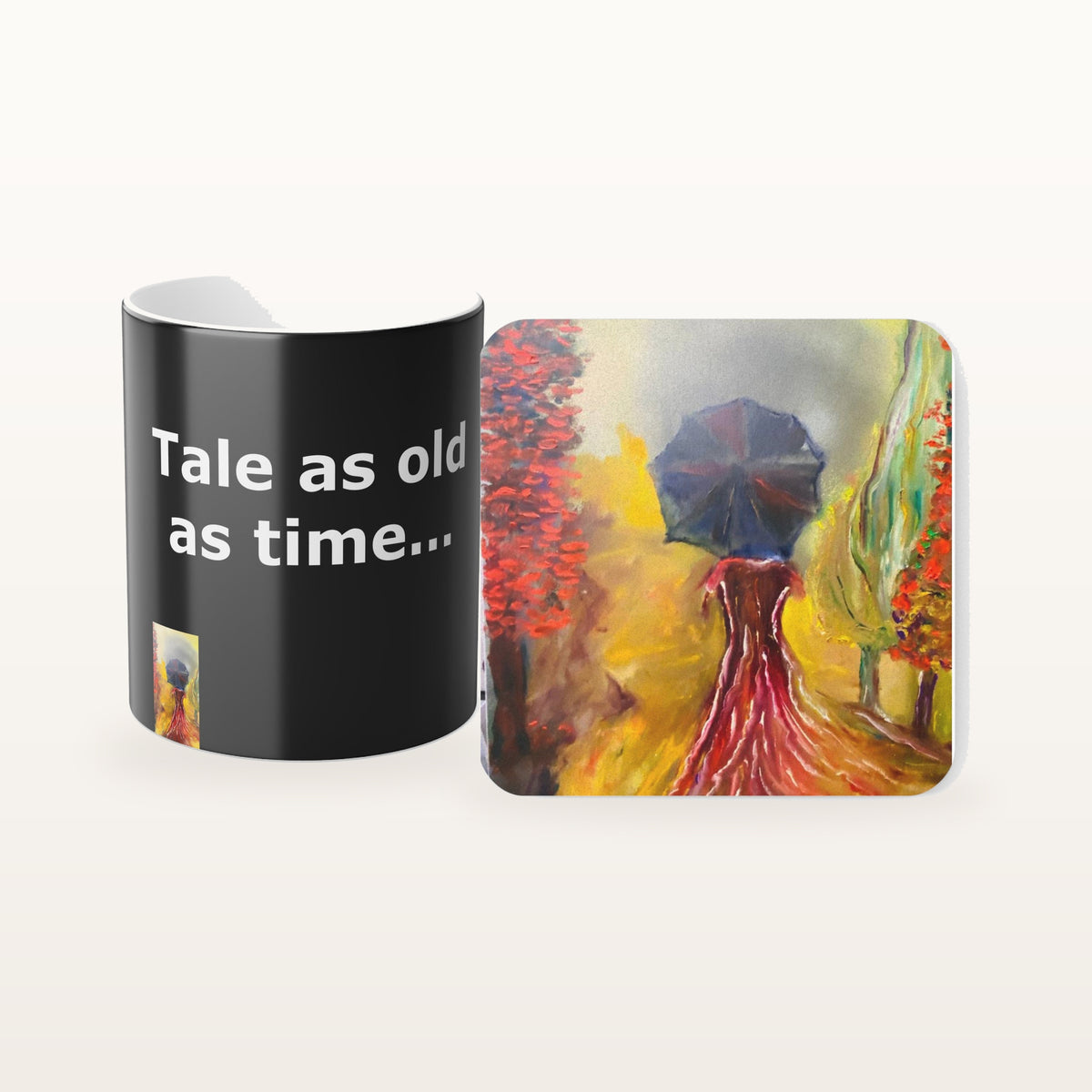 The Tale As Old As Time mug and the matching coaster side by side, both printed with the design