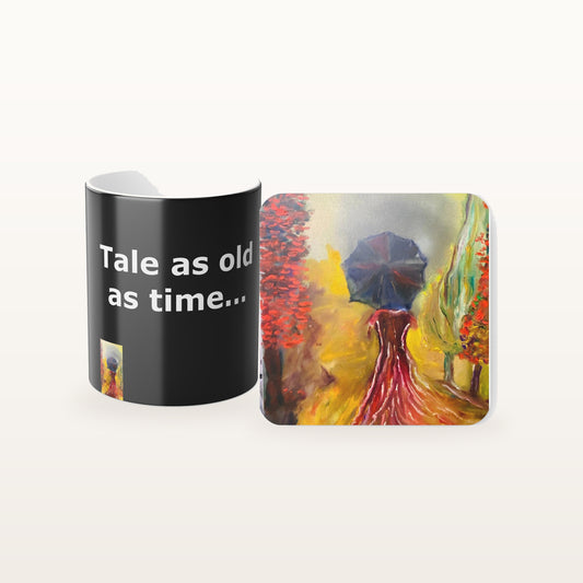 The Tale As Old As Time mug and the matching coaster side by side, both printed with the design