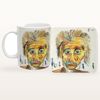 The Einstein mug and the matching coaster side by side, both printed with the design
