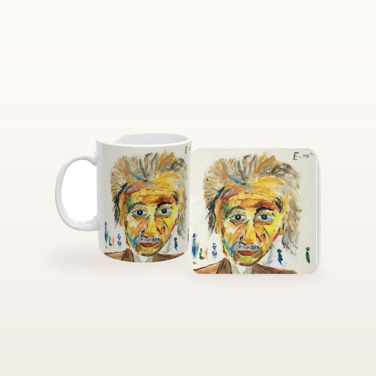 The Einstein mug and the matching coaster side by side, both printed with the design