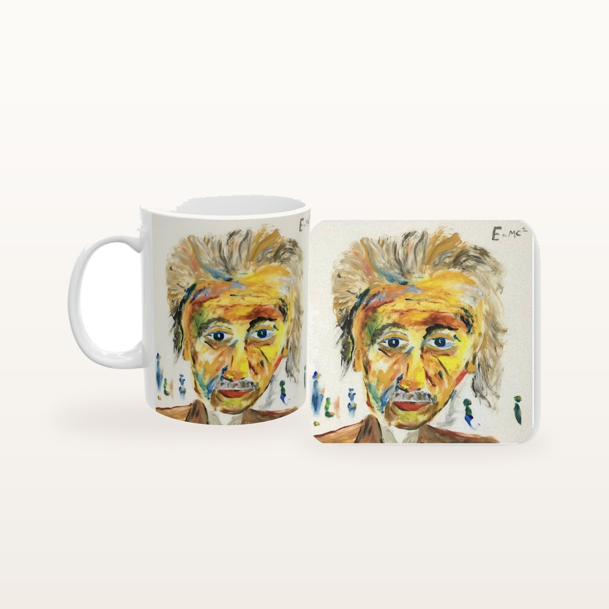 The Einstein mug and the matching coaster side by side, both printed with the design