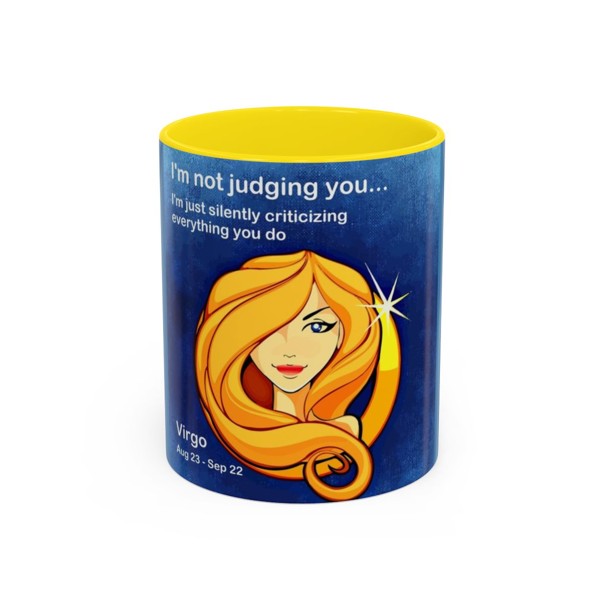 #10 Silently Virgo mug with a yellow interior, front view
