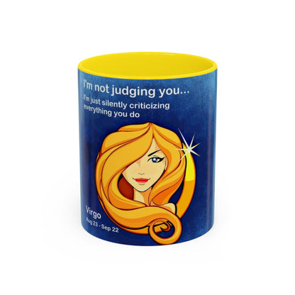 #10 Silently Virgo mug with a yellow interior, front view