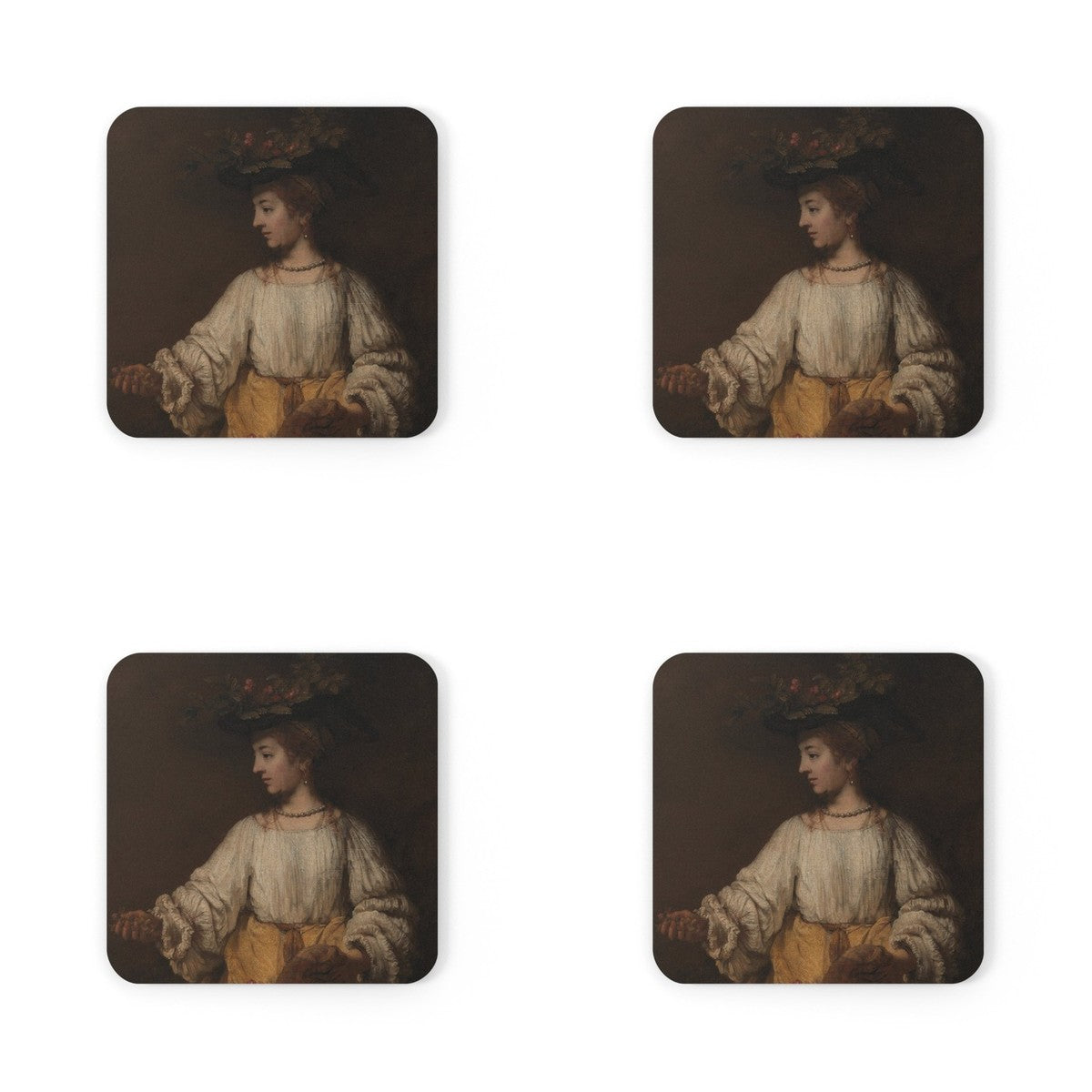 Four coasters printed with Flora